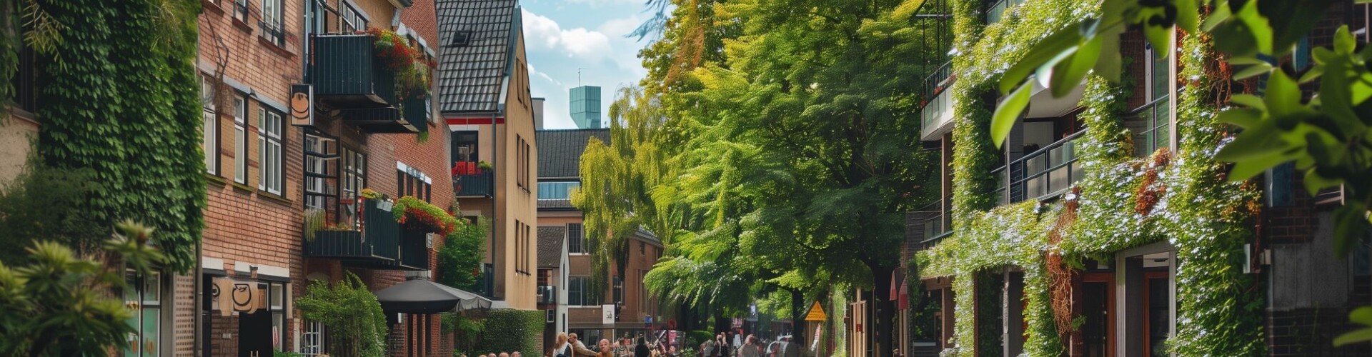Gezellige groene stadsstraat met terrassen, mensen die buiten zitten en lopen, en gebouwen begroeid met planten.