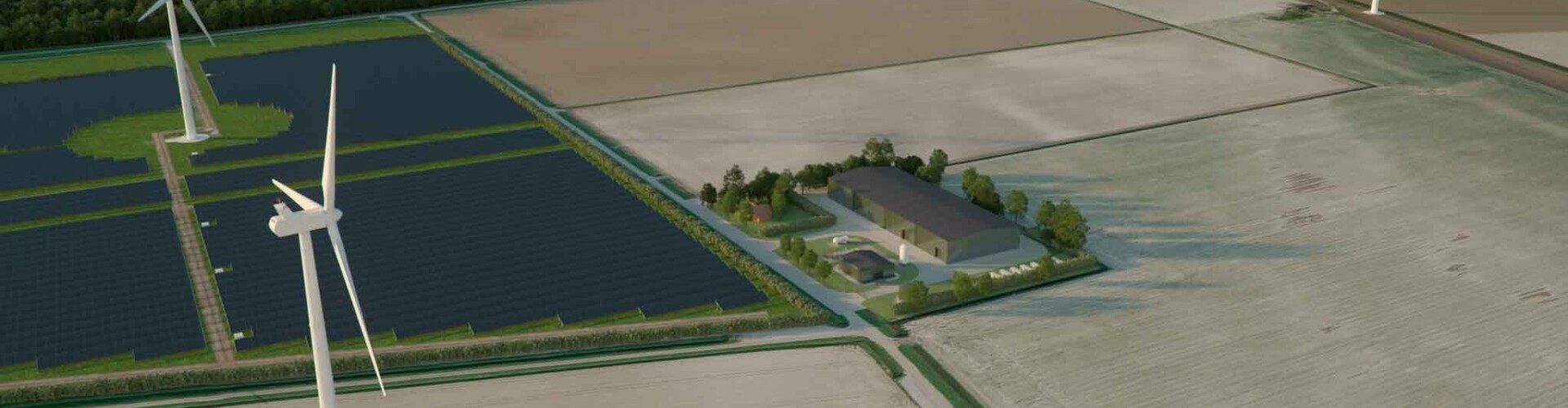 Farm with solar panels and wind turbines in the area