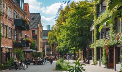 Gezellige groene stadsstraat met terrassen, mensen die buiten zitten en lopen, en gebouwen begroeid met planten.
