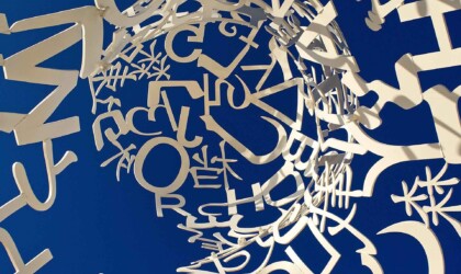 White letters on a blue background