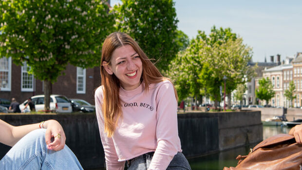 Students chatting in the city centre of Middelburg
