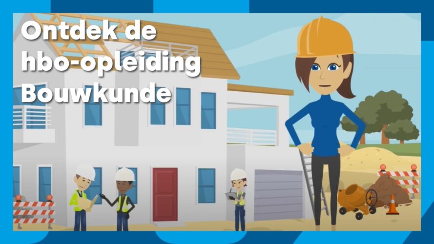 Thumbnail van een animatie. Vrouw met een helm op staat voor een huis dat gebouwd wordt.